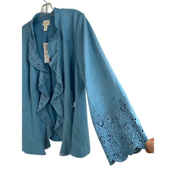 Chicos Blue Faux Suede Perforated Ruffle Jacket Size 12 L New RH10190 NWT - Picture 9 of 9